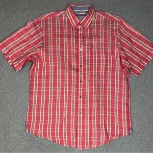 Indigo Palms Shirt Mens‎ Large Linen Plaid Short Sleeve Button Up Summer Casual
